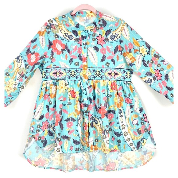 Boho Floral Paisley Tunic Blouse Womens SZ L Turquoise High neck High Low Hem - Picture 2 of 9